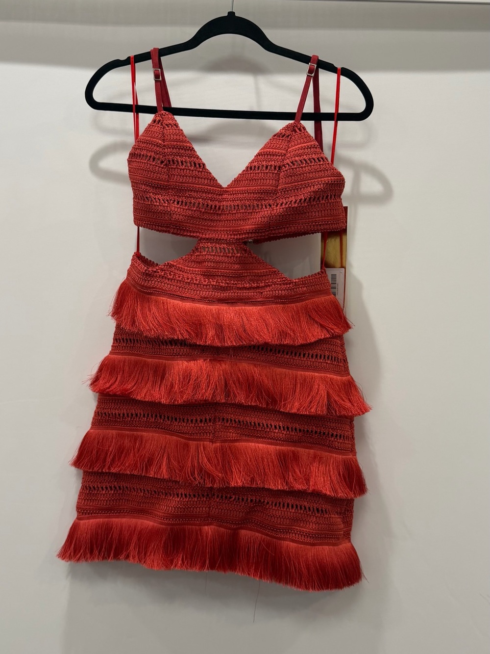 PatBO Red Crochet Fringe Cutout Mini Dress